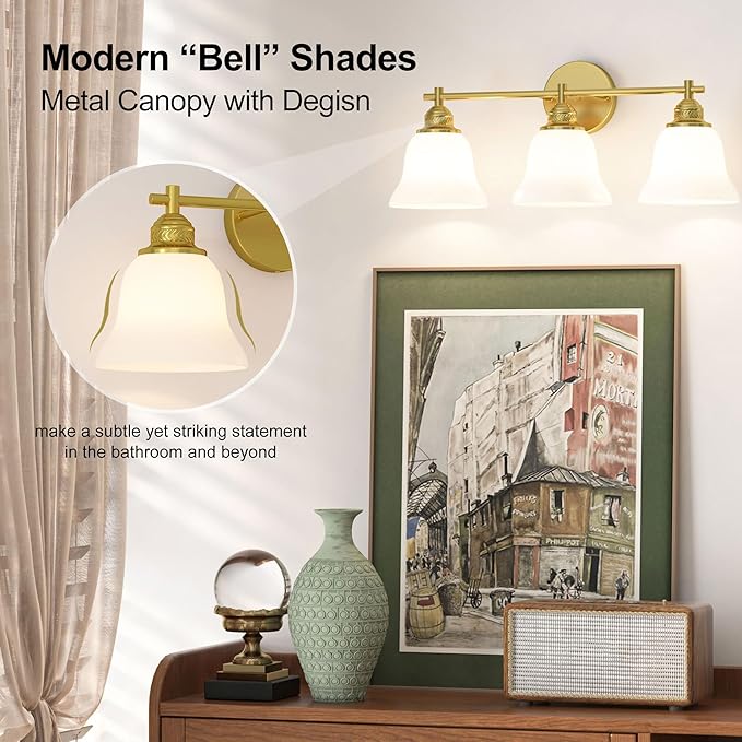 3-Light Bathroom Vanity Light Brushed Gold Modern Fixture with Frosted Glass Shades, Over Mirror Lighting for Bathroom/Bedroom, 22 inch