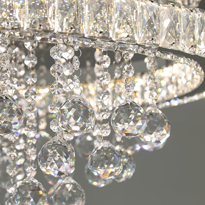 Dia 24" Modern Crystal Chandeliers for Dining Room,Silver Raindrop Chandelier Flush Mount Chandeliers for Living Room Bedrooms Dining Room Dimmable 2700k 4500k 6000k