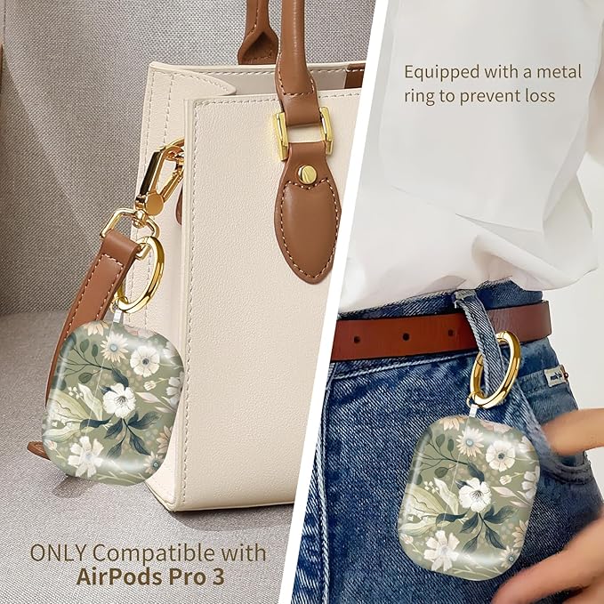 AirPod Pro 3 (2025) Case Cover for Women, Cute Shockproof TPU Protective Case with Gold Round Buckle, Anti-Drop Design Cute Boho Green Flower