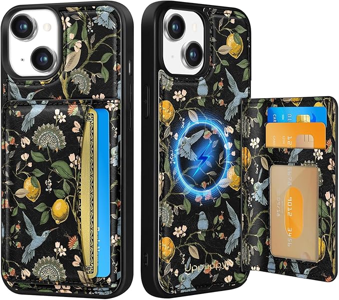 for iPhone 15 Plus Case with Wallet - Fits 4 Card Slots, Compatible with MagSafe for Women Aesthetic Durable PU Leather Credit Card Holder Kickstand Phone Cover for Apple 15 Plus, Lemon Bird