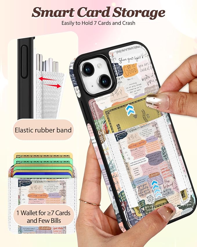 Shorogyt for iPhone 15 Wallet Case - Fits 5 Cards, Compatible with Magsafe Detachable Magnetic Credit Card Holder Leather Cardholder Cute Phone Cover Women Girls for Apple 15, Collage