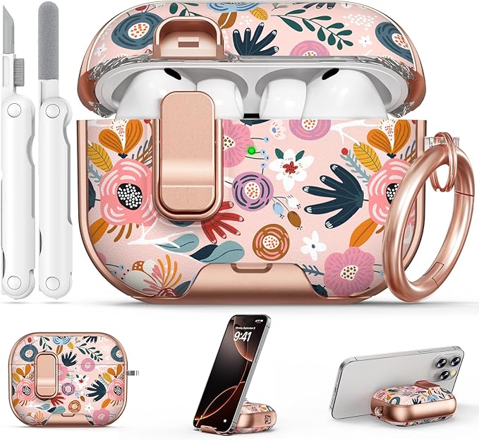 for AirPod Pro 3 Case 2025, with Safty Lock & Phone Stand for Pink AirPod Pro 3 Generation Case Cover for Women Girly, iPod Pro 3 Cases with Keychain & Cleaner Kit - Pink Berry Flower