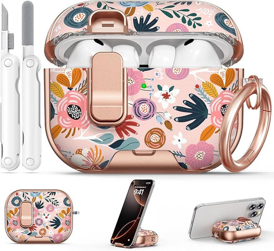 for AirPod Pro 3 Case 2025, with Safty Lock & Phone Stand for Pink AirPod Pro 3 Generation Case Cover for Women Girly, iPod Pro 3 Cases with Keychain & Cleaner Kit - Pink Berry Flower