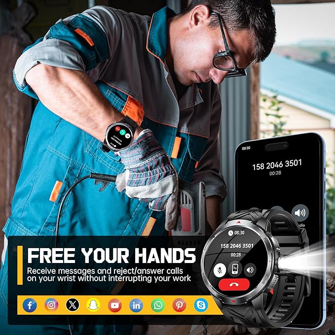 Military Smart Watch for Men with 1100 mAh Battery/LED Flashlight, 1.7" Rugged Tactical Smartwatch with Text and Call/Compass, 5ATM Waterproof Fitness Tracker with HR/Sleep Monitor for iPhone Android