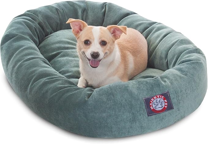 Majestic Pet 32 Inch Micro Velvet Calming Dog Bed Washable – Cozy Soft Round Dog Bed with Spine for Head Support - Fluffy Donut Puppy Mat 32x23x7 (inch) Medium – Azure (2025)