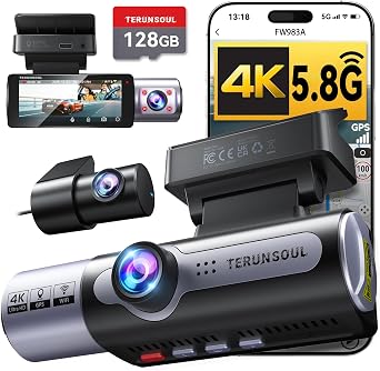 4K Dash Cam Front and Rear, Full HD 3 Channel Dashcam, Free 128GB Card