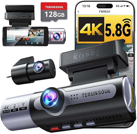 4K Dash Cam Front and Rear, Full HD 3 Channel Dashcam, Free 128GB Card