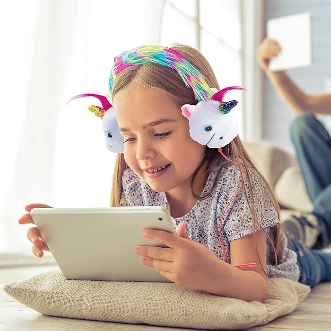 Coby Zooland Wired Plush Kids’ Headphones, Portable Over-Ear Headphones with 3.5mm Jack and Built-in Splitter, Volume Limit at 85 dBs, Built-in Microphone, Adjustable Headband, Unicorn Sparkle