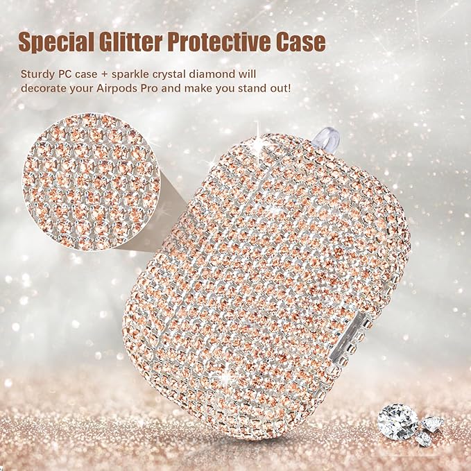 VISOOM Bling Case for Airpods Pro 2nd 1st Generation Case - Jewelry Cute Airpods Pro 1 2 Cases Cover with Glitter Keychain Women Crystal Fancy Case for iPods pro2 1 Wireless Charging Cases-Gold