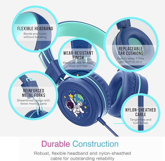 MEE audio KidJamz KJ55 Wired Children’s Headphones with 3.5mm Plug, Colorful Graphics, Volume Limiter & Microphone, Adjustable On-Ear Kids Headset for Online Learning/School/Travel/Tablet (Blue)