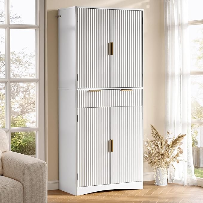 Marsail 72" Tall Kitchen Pantry Cabinet, Spacious Storage Cabinet with a Drawer, 4 Adjustable Shelves, 6 Door Shelves, Anti-Tip Safety, Fluted Cabinet for Kitchen, Dining, and Living Room, Light White