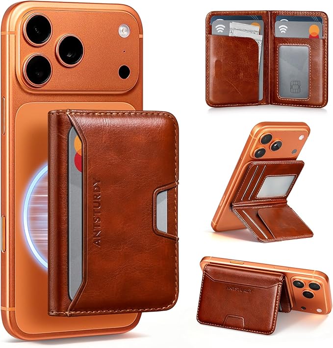 Antsturdy for Magsafe Wallet Stand with Holder,PU Leather RFID Blocking Card Holder,5 Card Slots,Strong Magnet Minimalist Flip Folio Kickstand for iPhone 17/16/15/14/13/12/Pro/Max/Plus/Air,Brown