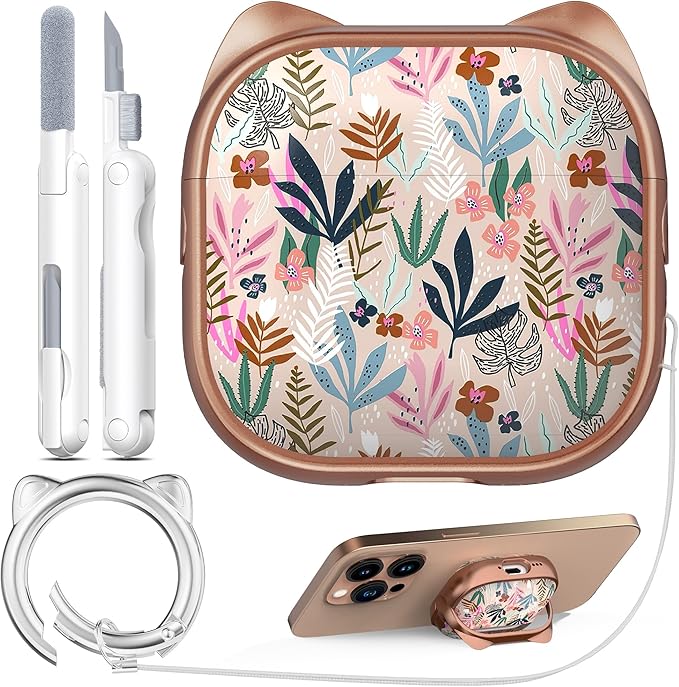 RFUNGUANGO AirPods 4 Case for Women Girly Cat Case with Lock, Phone Stand, Keychain & Cleaner Kit, Compatible with Apple Airpods 4th Generation Case Cover, Rose Gold Leaf