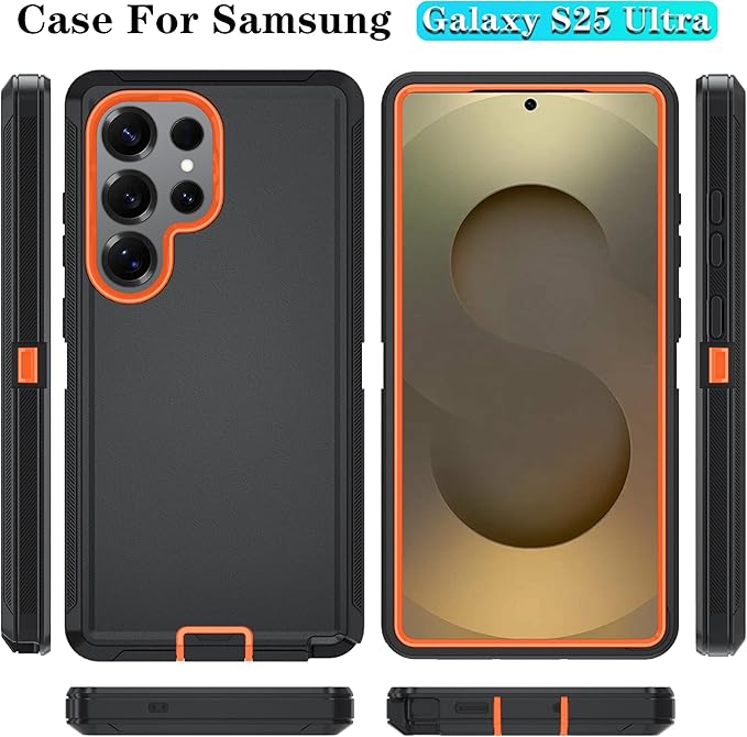ONOLA Phone Case for Samsung Galaxy S25 Ultra Case with HD Screen Protector, Heavy Duty Shockproof & Dropproof 3-Layer Cover Phone Case for Galaxy S25 Ultra 6.9''，BlackOrange