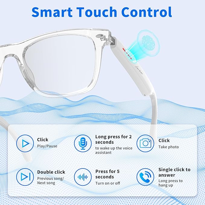 Smart Bluetooth Glasses with AI Voice Assistant – Lightweight, 8-Hour Battery Life, Auto Pairing, Touch Control & Stereo Sound for Calls & Music, Unisex Design