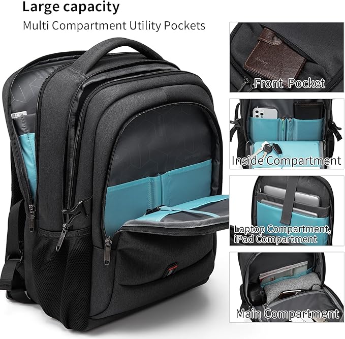 DUSLANG 17 Inch Laptop Backpack for Travel Water Resistant College Backpack for Men/Women Laptop Bag with USB Charging Port and Red TSA lock,Black