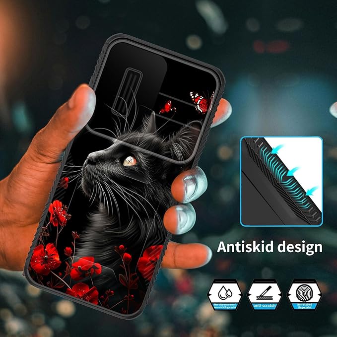 for Galaxy A35 5G Case Built in Slide Camera Lens Cover,Heavy Duty Shockproof Protection Dual Layer Case for Samsung Galaxy A35 5G 6.6 inch 2024,Black Cat Flowers and Butterflies