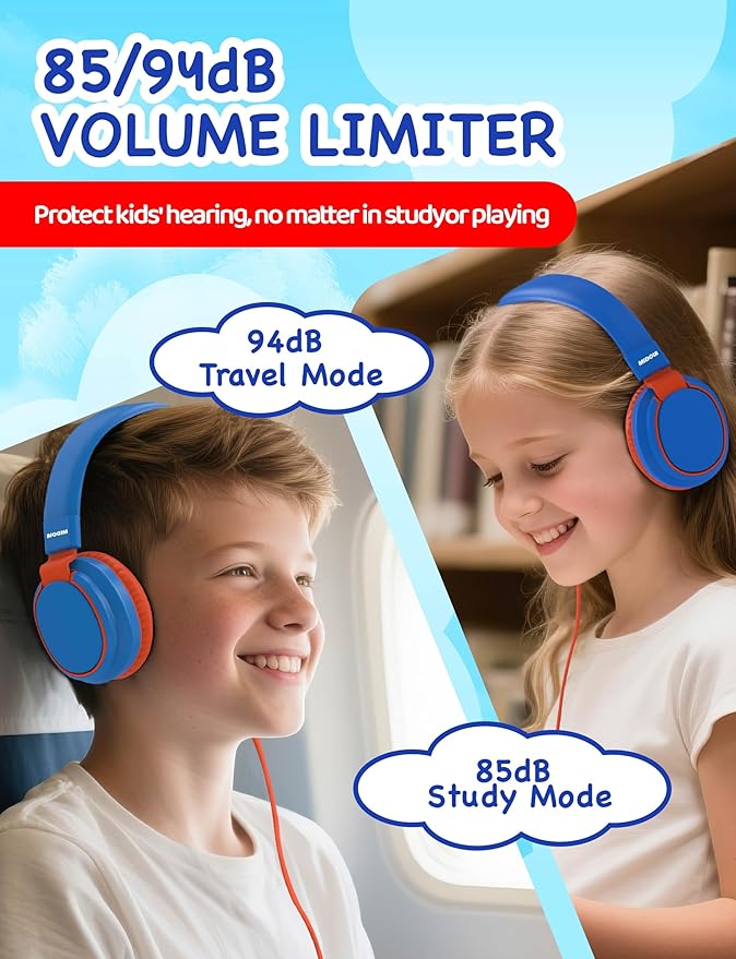 MIDOLA Kids Headphone Wired Volume Limited 85/94dB Over-Ear/On-Ear Foldable Headset with Microphone Hearing Protection Headphones for Toddler Boy Girl Child School Learning Pad Tablet Blue