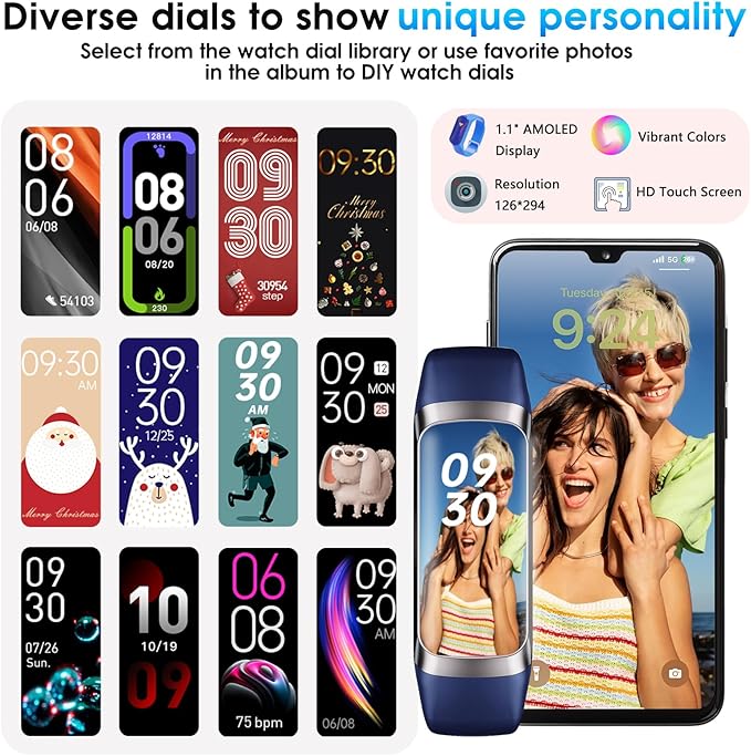 Fitness Tracker, 24/7 Heart Rate Blood Oxygen Blood Pressure Body Temp Monitor Sleep Calorie Tracker with 1.1" AMOLED Touch Color Screen Pedometer Smart Watch Waterproof for Women Men (Blue)