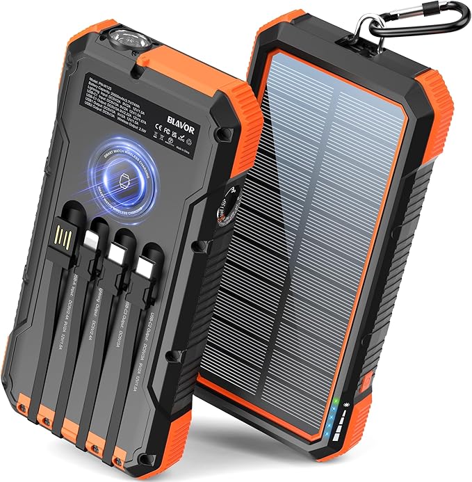 BLAVOR Solar Power Bank 20000mAh Built in 4 Cables, 20W Fast Charging Portable Charger with Wireless Charger for Apple Watch, Super Bright Flashlight, Compatible with all Phones and Electronic Devices