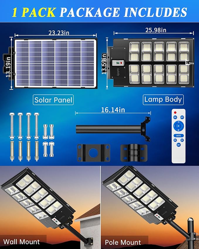 Gefolly SL-5200W Solar Street Lights Outdoor, 520000LM Commercial Parking Lot Light, 6500K Dusk to Dawn IP67 Security Flood Lights Motion Sensor Led Lamp for Basketball Court, Road, Yard