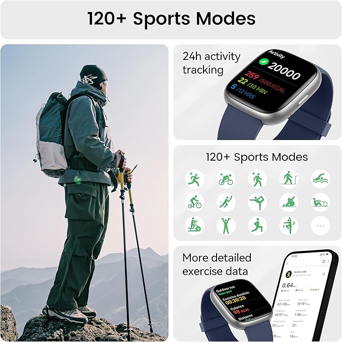 Smart Watch with Alexa Built-in, 1.83" HD Touchscreen Fitness Tracker with Bluetooth Calling, Fitness Watch with Heart Rate/Sleep Monitor/120+ Sports, IP68 Waterproof Smartwatch for Android iOS, Blue