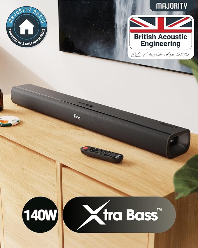 Majority 140W Bluetooth Sound Bar for Smart TV | 31" 2.1 Wireless Soundbar for TV with 3D Sound | TV Speakers Sound Bar with Built in Subwoofer | HDMI, AUX, Optical Compatible Mini Soundbar Naga 80