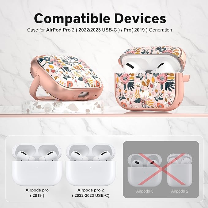 Maxjoy for AirPods Pro 2nd/1st Generation Case, Cute AirPod Pro 2 Case with Safety Lock Hard iPod Pro Cover for Women Men with Keychain for AirPod Pro Cover(2023/2022/2019), Flower