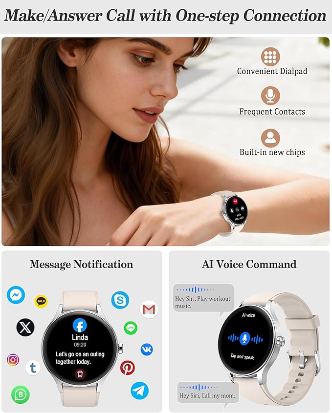 Smart Watch for Women, Ladies & Men, 1.27'' Fitness Watch [41mm case] with Call Receive/Dial, Heart Rate/Stress/Sleep Monitor, AI Voice, IP68 Waterproof Smartwatch with Calculator, Calendar, Games