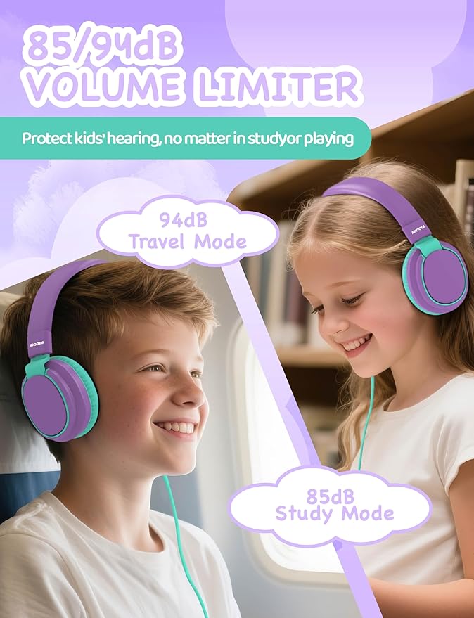 MIDOLA Kids Headphone Wired Volume Limited 85/94dB Over-Ear/On-Ear Foldable Headset with Microphone Hearing Protection Headphones for Toddler Boy Girl Child School Learning Pad Tablet Purple