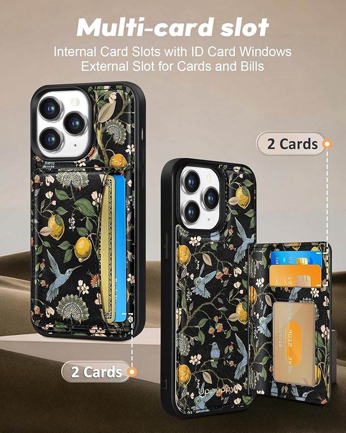 for iPhone 11 Pro Case with Wallet - Fits 4 Card Slots, Compatible with MagSafe for Women Aesthetic Durable PU Leather Credit Card Holder Kickstand Phone Cover for Apple 11 Pro, Lemon Bird