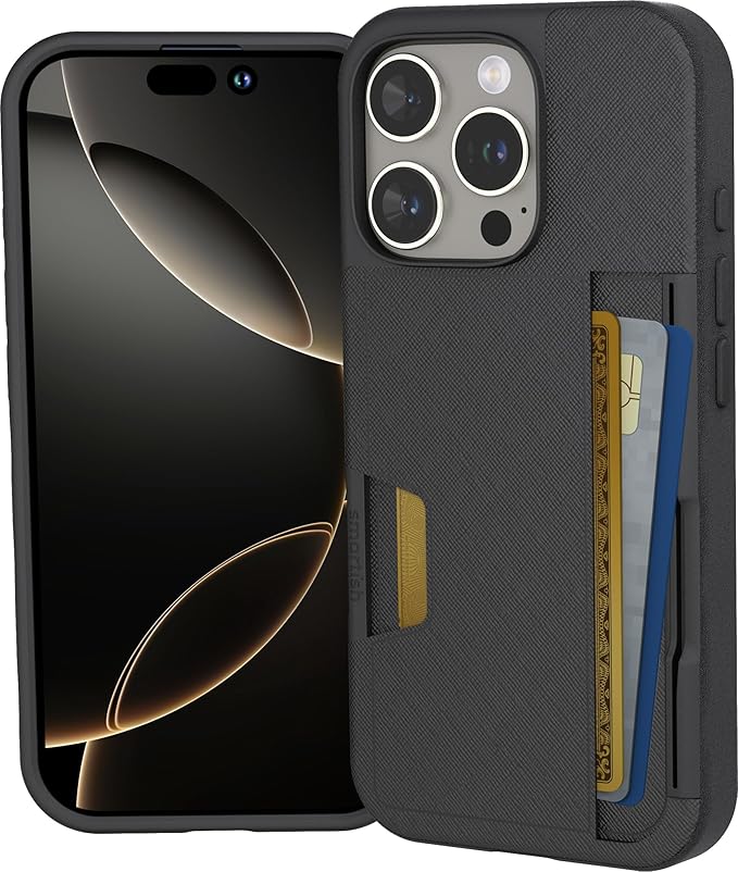 Smartish® iPhone 16 Pro Wallet Case - Wallet Slayer Vol. 2 [Slim + Protective] Credit Card Holder w/Kickstand - Drop Tested Hidden Card Slot Cover Compatible w/Apple iPhone 16 Pro - Black Tie Affair