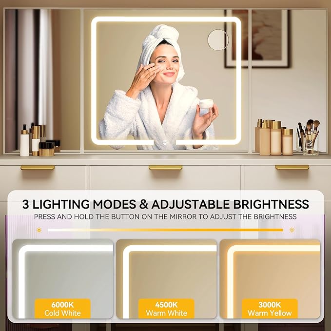 DWVO 56" Vanity Table Set with Tri-Fold Mirror & LED Lights, Makeup Vanity Desk with RGB Glass Cabinets, Storage Drawers, Shelves, Built-in Power Strip, Cushioned Stool for Dressing Room, White