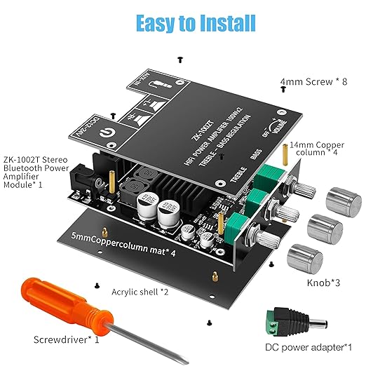 ZK-1002T 100W+100W Bluetooth Amplifier Board with Treble and Bass Control, 2.0 Channel Stereo Audio Mini Power Amplifier Board, TPA3116D2 Chip DC 9-24V, BT and AUX Inputs for DIY Wireless Speakers
