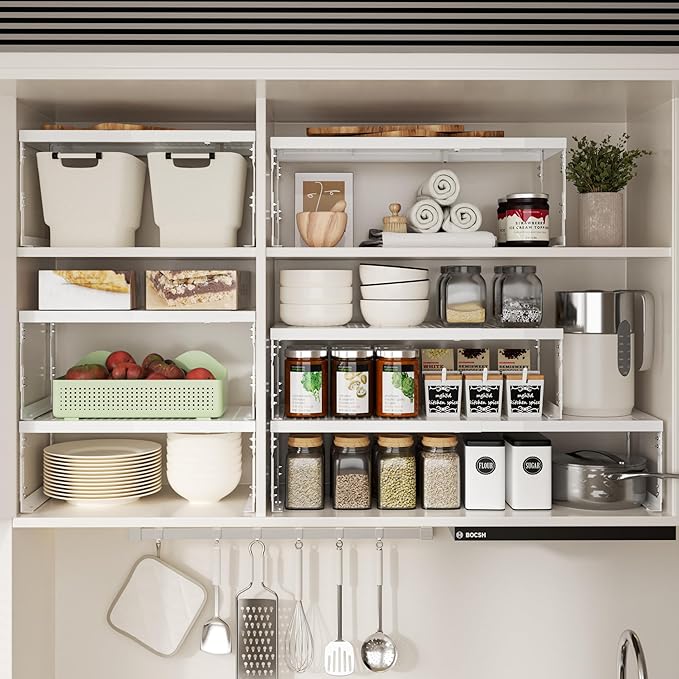 Adjustable Stackable Metal Storage Shelf Organizer - Expandable Wire Rack with Perforations for Kitchen, Pantry, Bathroom, Cabinet & Office-Compact, Durable & Sturdy (3PACKS/Large/White)