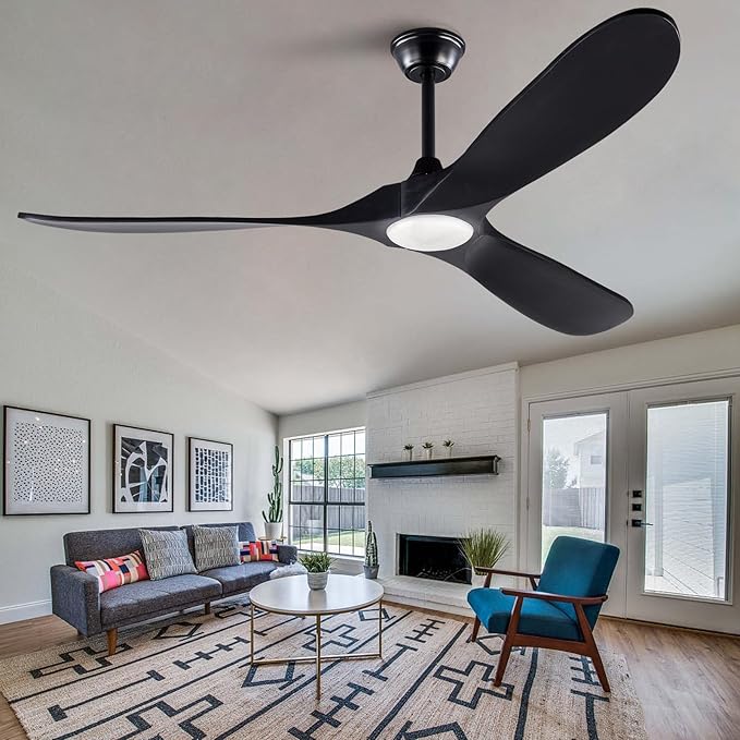 60 Inch Black Ceiling Fan with Lights and Remote, 3 Wood Fan Blades and Timer Setting, 60 Inch Modern Ceiling Fan with Quiet Reversible DC Motor Indoor Outdoor for Patios Living Room Bedroom