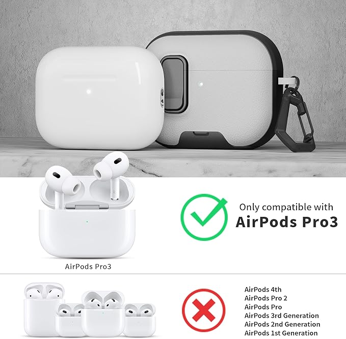 for AirPods Pro 3 Case with Lock,TPU Leather Texture Durability Anti-Lost & Shockproof Protective Cover Accessories with Cleaning Kit in Keychain for Apple AirPod Pro 3 Generation 2025(Black/Grey)