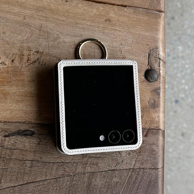 [BeYourSanta] Galaxy Z Flip 7 Case with Ring - Avant-Garde Handmade Saffiano Vegan Leather Case, Anti-Scratch Hinge Protection, Made in Korea (1 Pocket, Cream Beige)