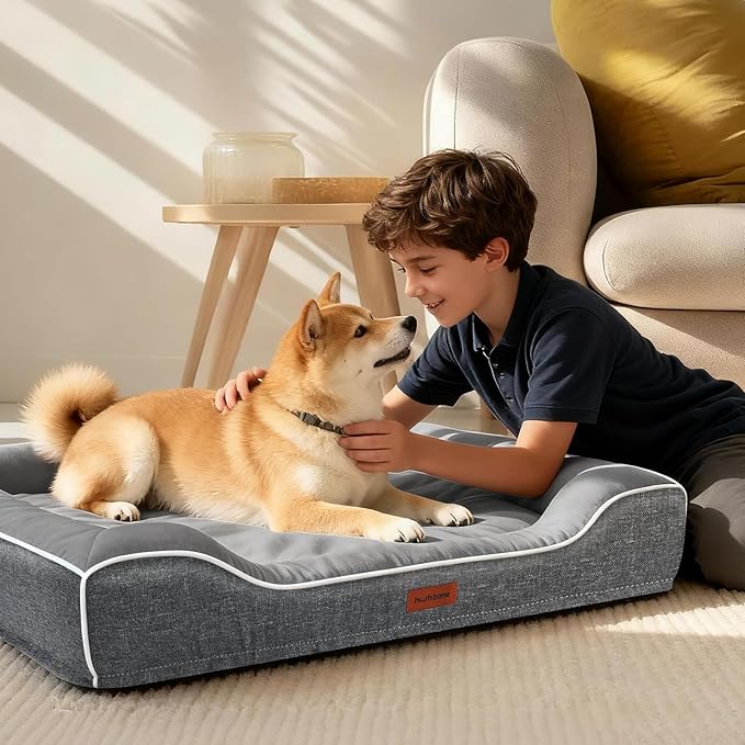 Orthopedic Dog Beds Large Sized Dog with Removable Faux Fur Washable Covers,Waterproof Pet Couch Bed with Cooling Gel Memory Foam and Bolster Side for Big Breed Pets,36" Dark Grey