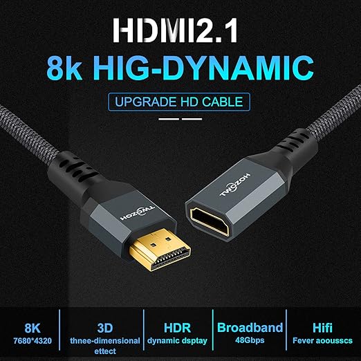 Twozoh 8K 4K HDMI Extension Cable, HDMI 2.1 Male to Female Cable, Nylon Braided HDMI Extender Cable Support 8K@60Hz 4K@120Hz 48gbps（5FT）