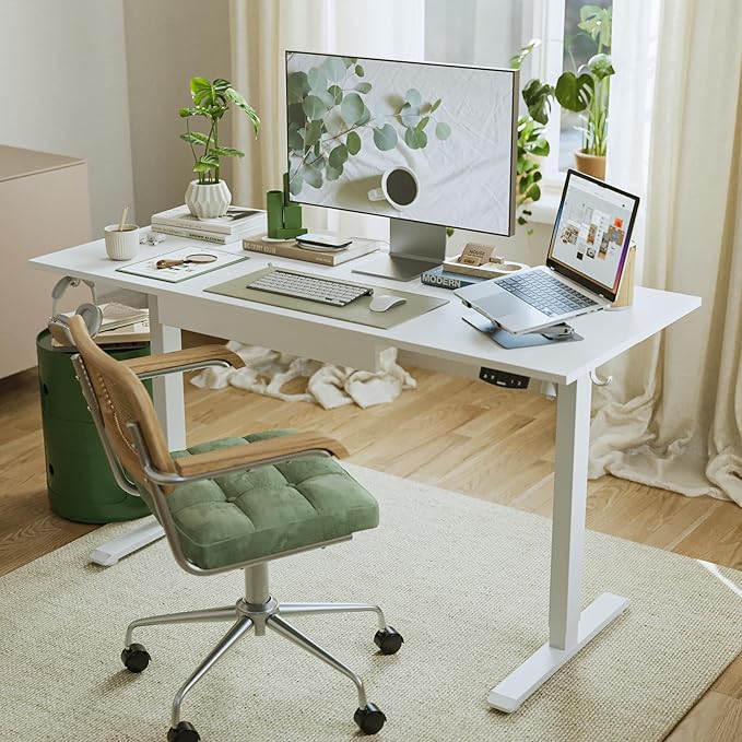 Agilestic Electric Standing Desk with Integrated Drawer, Height Adjustable Desk, Ergonomic Rising 48"x24" Wooden Desk, Sit-Stand Workstation with Memory Presets for Work Home Office, White