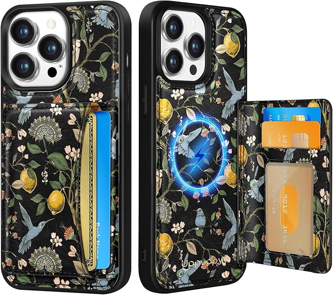 for iPhone 13 Pro Max Case with Wallet - Fits 4 Card Slots, Compatible with MagSafe for Women Aesthetic PU Leather Credit Card Holder Kickstand Phone Cover for Apple 13 Promax, Lemon Bird