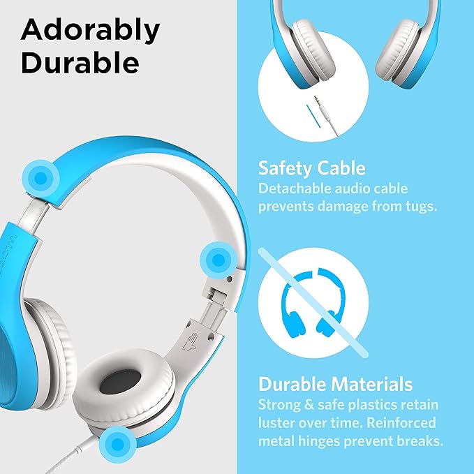 LilGadgets Connect+ Style On-Ear Kids Headphones with Microphone - SharePort Technology, SoftTouch Padding, Detachable Cable, Volume Limiting, Durable & Adjustable - Blue