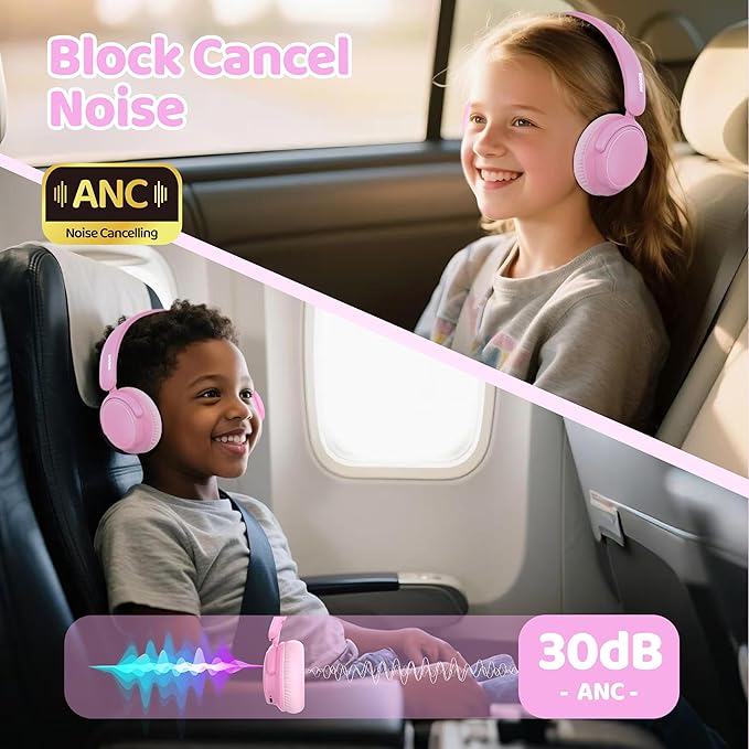 MIDOLA Kids Wireless Headphones Active Noise Cancelling Lightweight Bluetooth Headphone for Kid,Volume Limited 85/94dB Foldable Over-Ear Headset with Mic,68 Hours Playtime,for Toddler Child Pink
