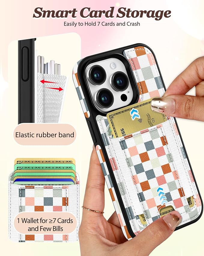 Shorogyt for iPhone 14 Pro Max Case Wallet - Fits 5 Cards, Compatible with Magsafe Detachable Magnetic Credit Card Holder Leather Cardholder Cute Phone Cover Women Girls for Apple 14 ProMax, Checkered