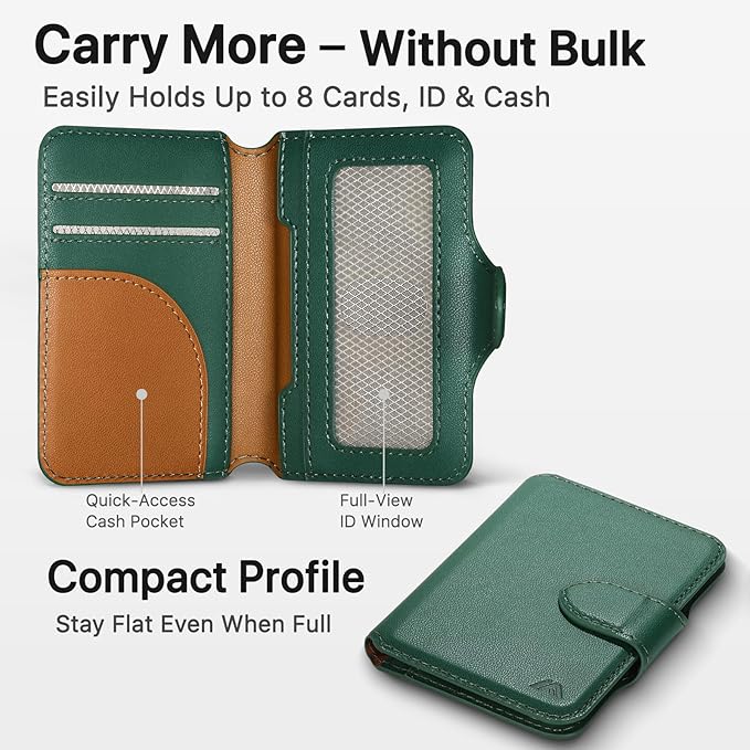 for MagSafe Wallet, Magnetic Phone Wallet RFID Blocking, Slim 5-8 Card Holder with Cash Slot & Clear ID Window, Minimalist Mag Safe Wallets for iPhone 17/16/15/14/13/12 Series, Forest Green