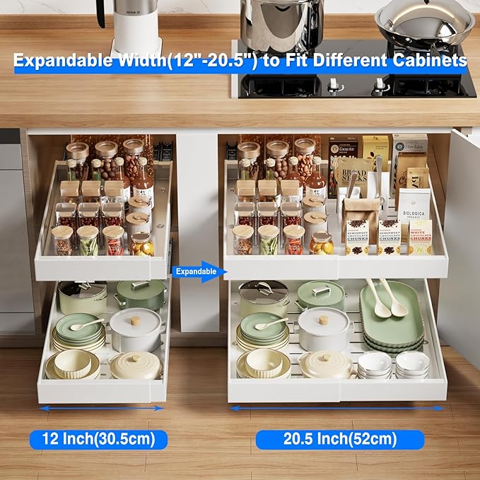 2 Pack Pull Out Cabinet Organizer Expandable, 21"Deep Slide Out Drawer for Cabinets Adhesive Pull Out Drawers Heavy Duty Pull Out Shelves for Kitchen, Cupboard, Pantry, Bathroom(White)