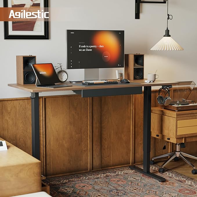 Agilestic Electric Standing Desk with Integrated Drawer, Height Adjustable Desk, Ergonomic Rising 48"x24" Wooden Desk, Sit-Stand Workstation with Memory Presets for Work Home Office, Walnut