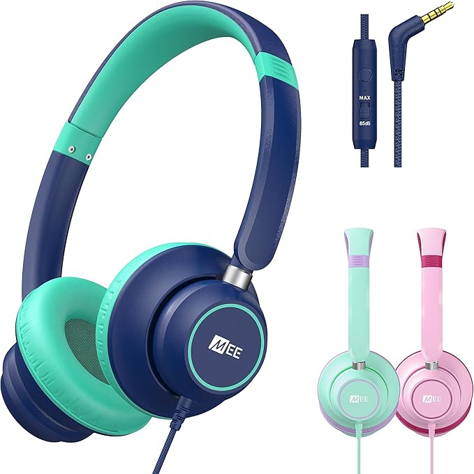MEE Audio KidJamz KJ45 Children’s Safe Listening Headphones with Volume Limiter & Microphone, Adjustable On-Ear Kids Headset Wired with 3.5mm Jack for Online Learning/School/Travel/Tablet (Blue/Teal)