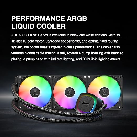 GAMDIAS Aura GLV2 360mm AIO Liquid CPU Cooler, Rotatable Performance 10-Pole Pump, 3 x 120mm Daisy-Chained Hidden Cable Fans, Low-Noise PWM & ARGB Sync Ready, Intel LGA 1851/1700；AMD AM5/AM4, Black